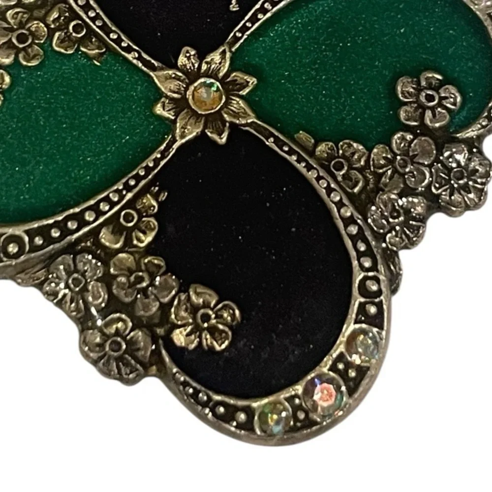 Catherine Popesco Square Black Green Enamel Crystal Pin Brooch VINTAGE FRANCE